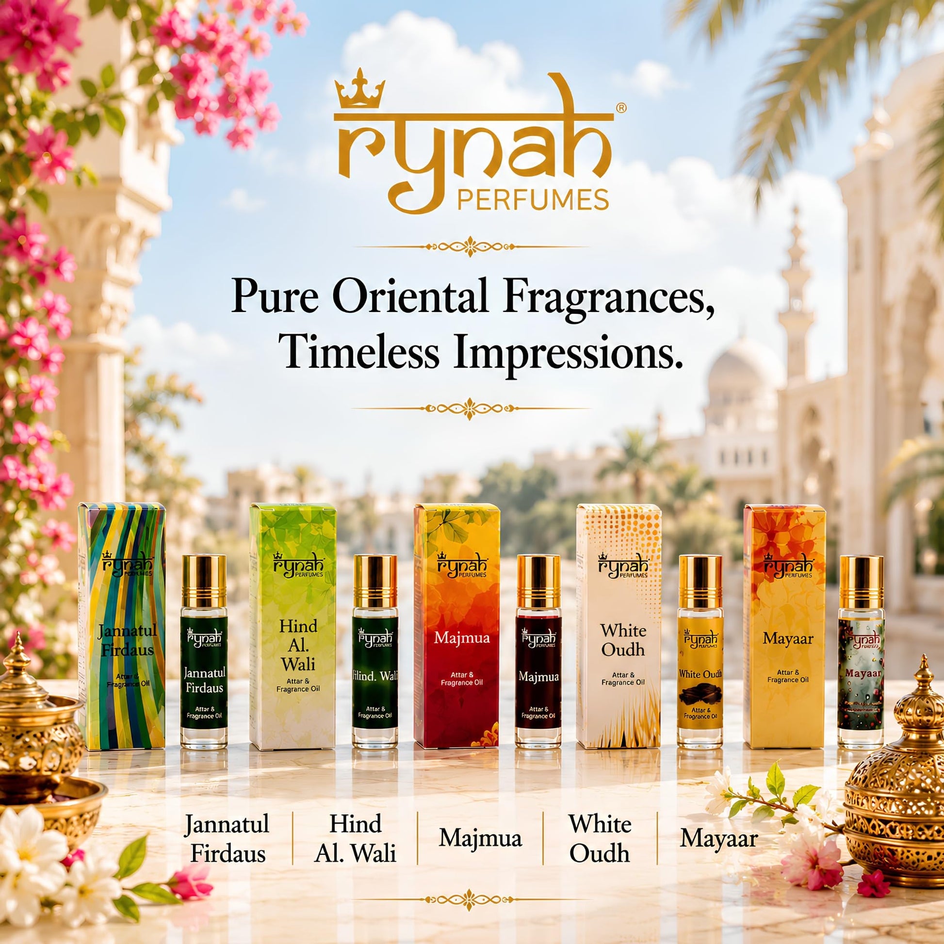 RYNAH Arabic Attar Set - 3 x 6ml Roll-On Perfume Oils (Jannat Ul Firdaus, Majmua, Hind Al Wali) - close-up detail (48)
