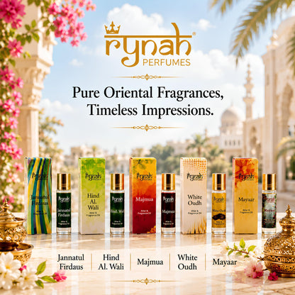 RYNAH Arabic Attar Set - 3 x 6ml Roll-On Perfume Oils (Jannat Ul Firdaus, Majmua, Hind Al Wali) - close-up detail (48)