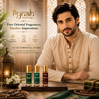 RYNAH Arabic Attar Set - 3 x 6ml Roll-On Perfume Oils (Jannat Ul Firdaus, Majmua, Hind Al Wali) - label detail