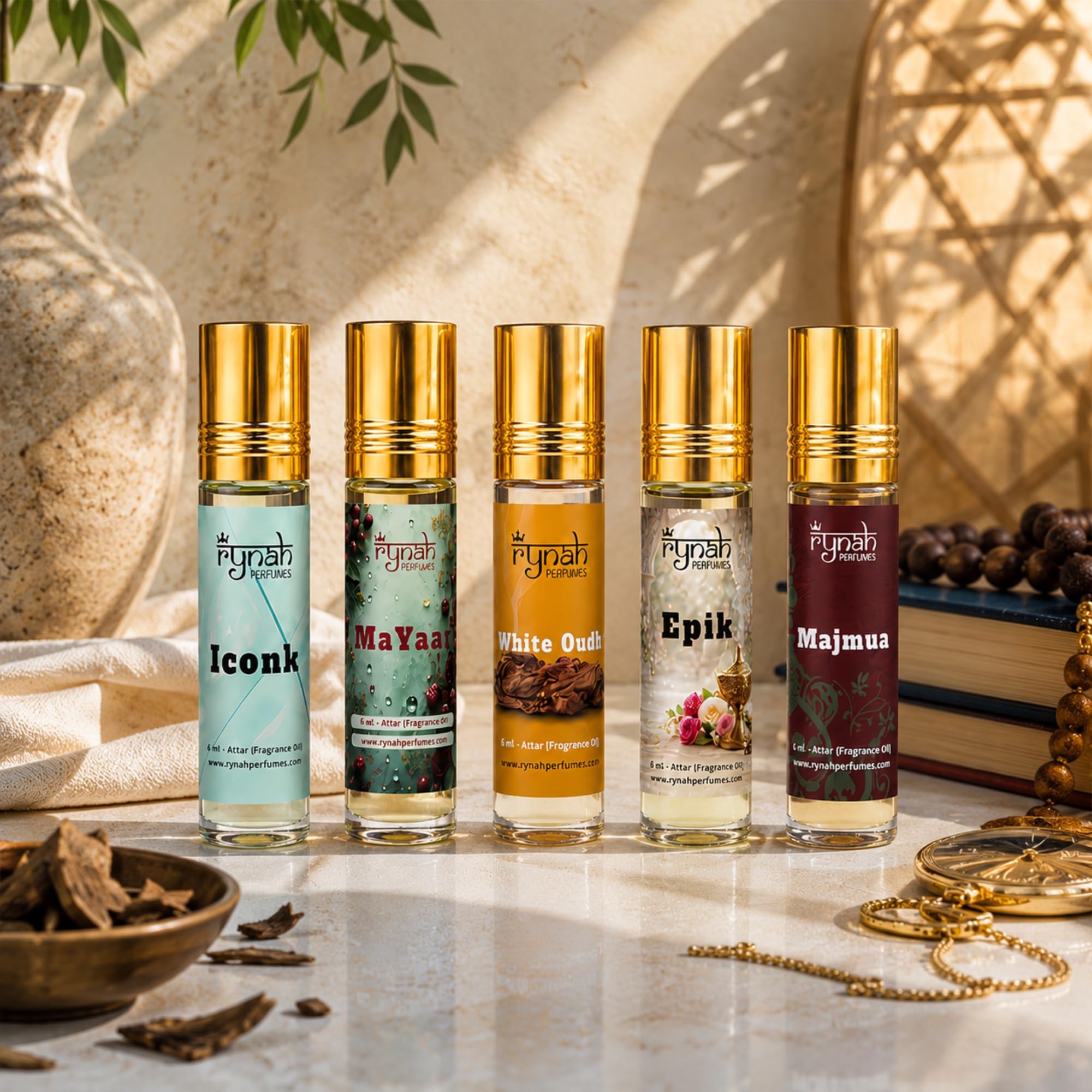 RYNAH Arabic Attar Set - 3 x 6ml Roll-On Perfume Oils (Jannat Ul Firdaus, Majmua, Hind Al Wali) (50)