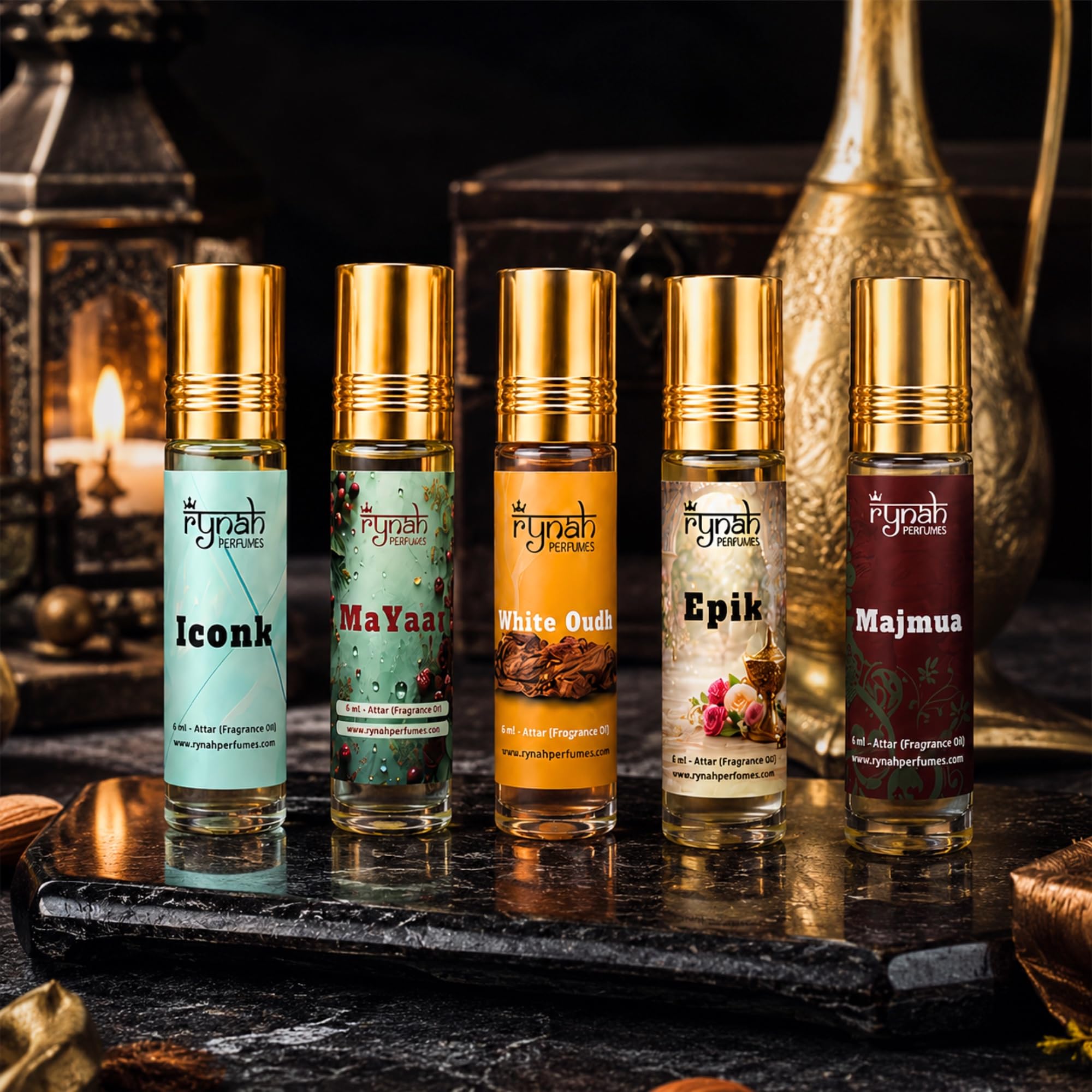 RYNAH Arabic Attar Set - 3 x 6ml Roll-On Perfume Oils (Jannat Ul Firdaus, Majmua, Hind Al Wali) - close-up detail (56)