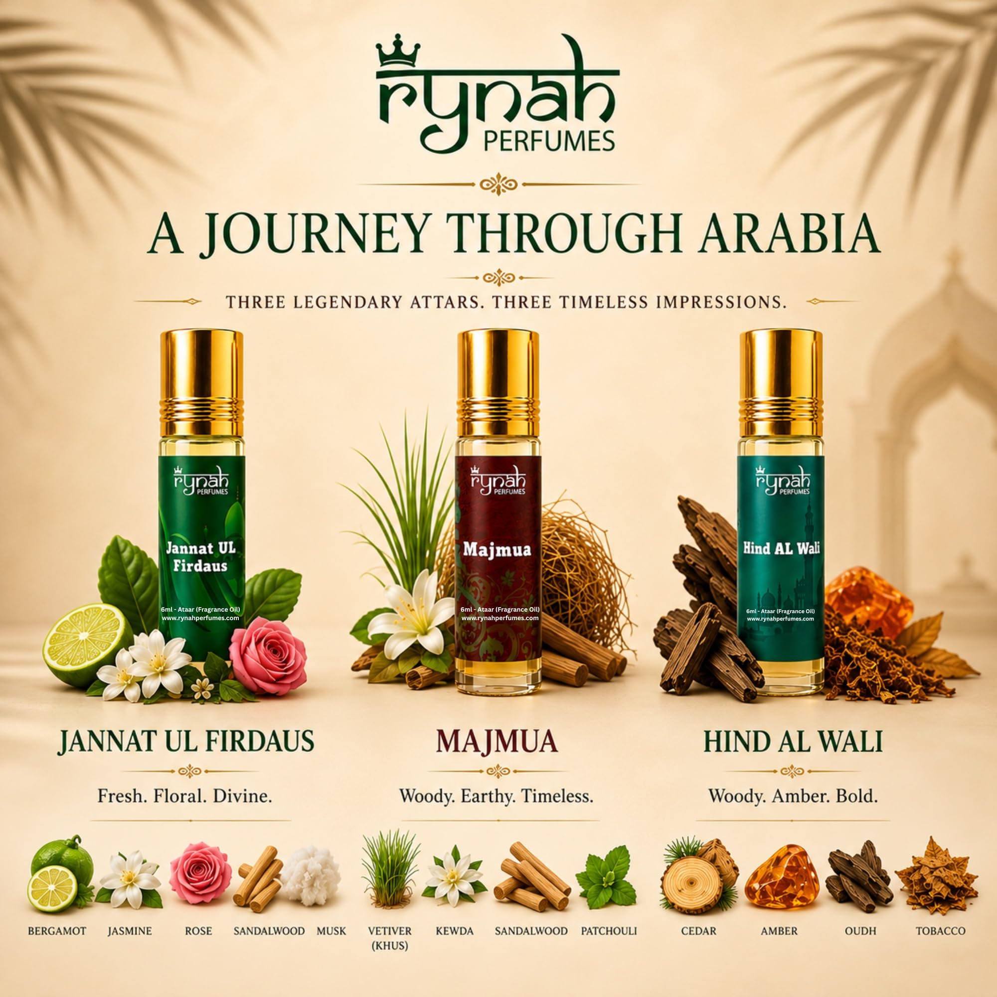 RYNAH Arabic Attar Set - 3 x 6ml Roll-On Perfume Oils (Jannat Ul Firdaus, Majmua, Hind Al Wali) - ingredients panel