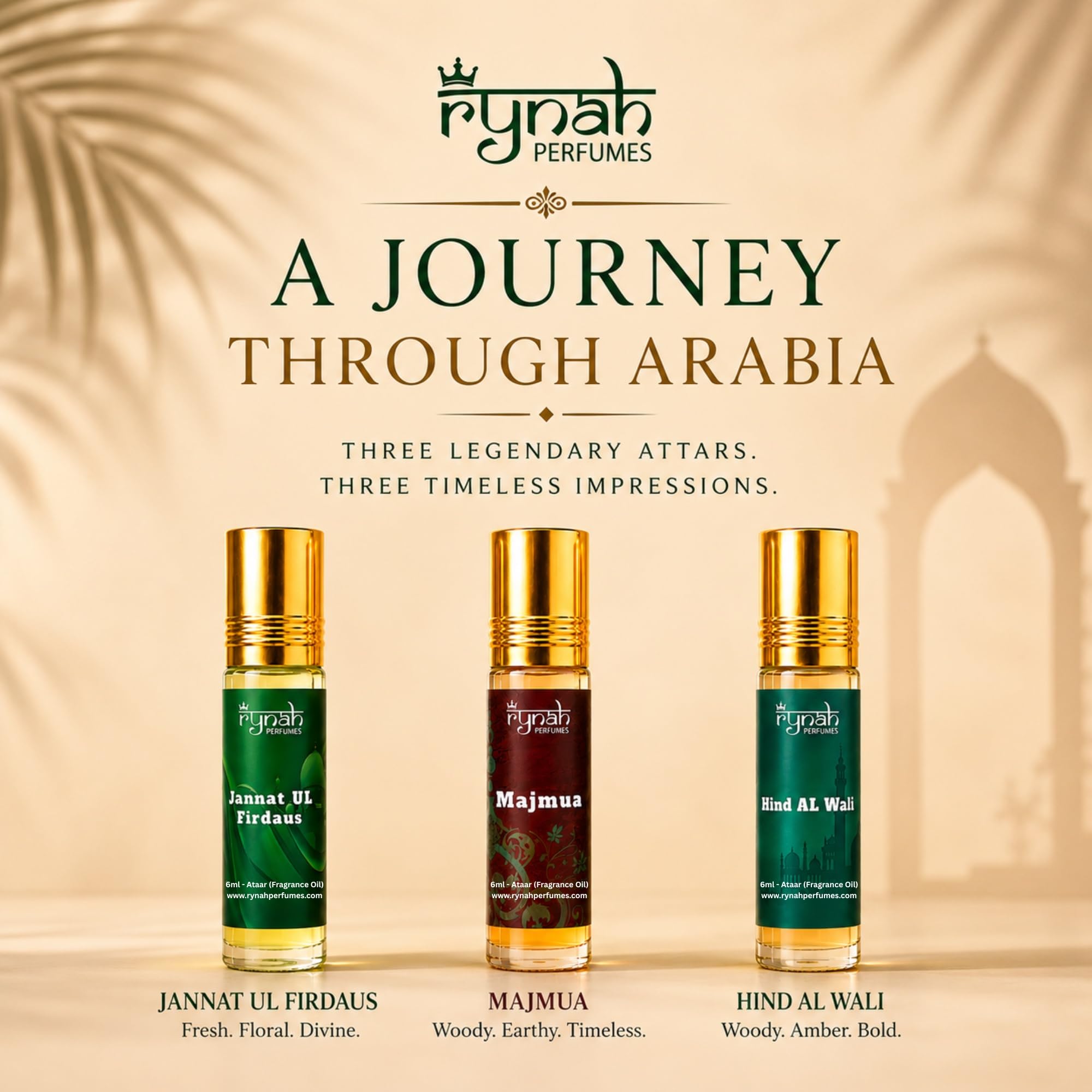 RYNAH Arabic Attar Set - 3 x 6ml Roll-On Perfume Oils (Jannat Ul Firdaus, Majmua, Hind Al Wali) - close-up detail