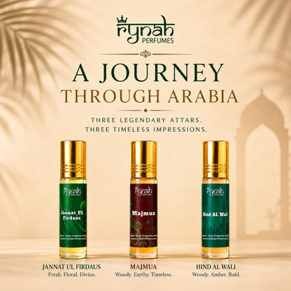 RYNAH Arabic Attar Set - 3 x 6ml Roll-On Perfume Oils (Jannat Ul Firdaus, Majmua, Hind Al Wali) - close-up detail