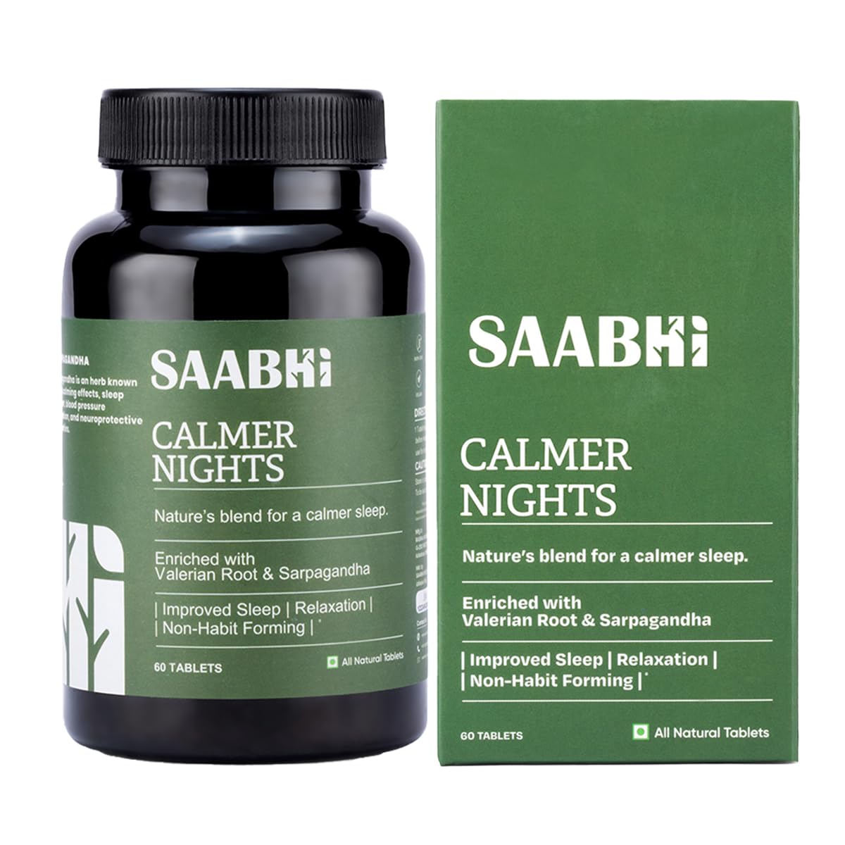 SAABHI Calmer Nights Herbal Supplement Tablets, 60 Count, with Tagara (Valerian Root) and Ashwagandha