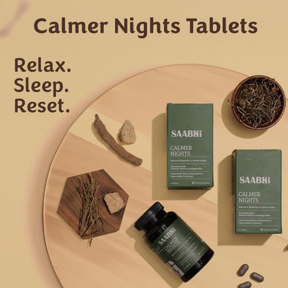 SAABHI Calmer Nights Herbal Supplement Tablets, 60 Count, with Tagara (Valerian Root) and Ashwagandha - front view