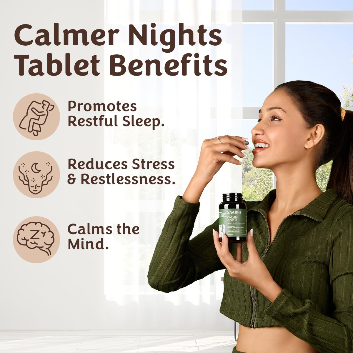 SAABHI Calmer Nights Herbal Supplement Tablets, 60 Count, with Tagara (Valerian Root) and Ashwagandha - back view