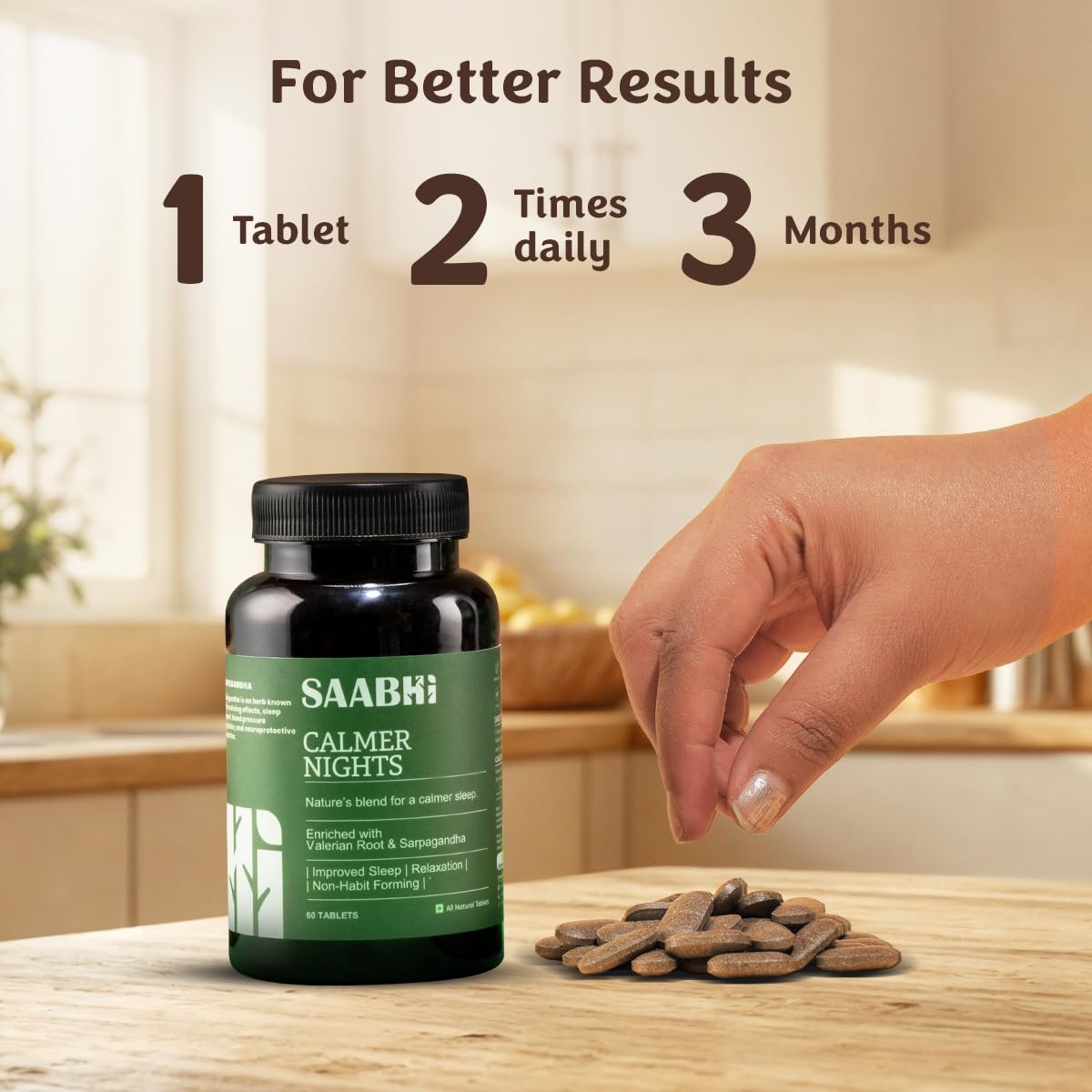 SAABHI Calmer Nights Herbal Supplement Tablets, 60 Count, with Tagara (Valerian Root) and Ashwagandha - label detail