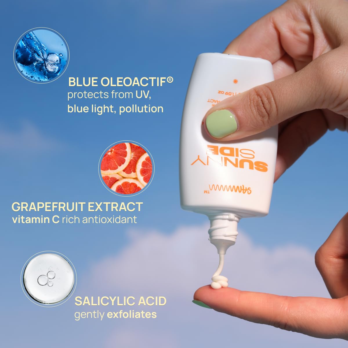 Sammmm Sunnyside SPF 50 PA++++ Sunscreen Gel, 45g, Vitamin C, Oil-Free, No White Cast, Youth - label detail