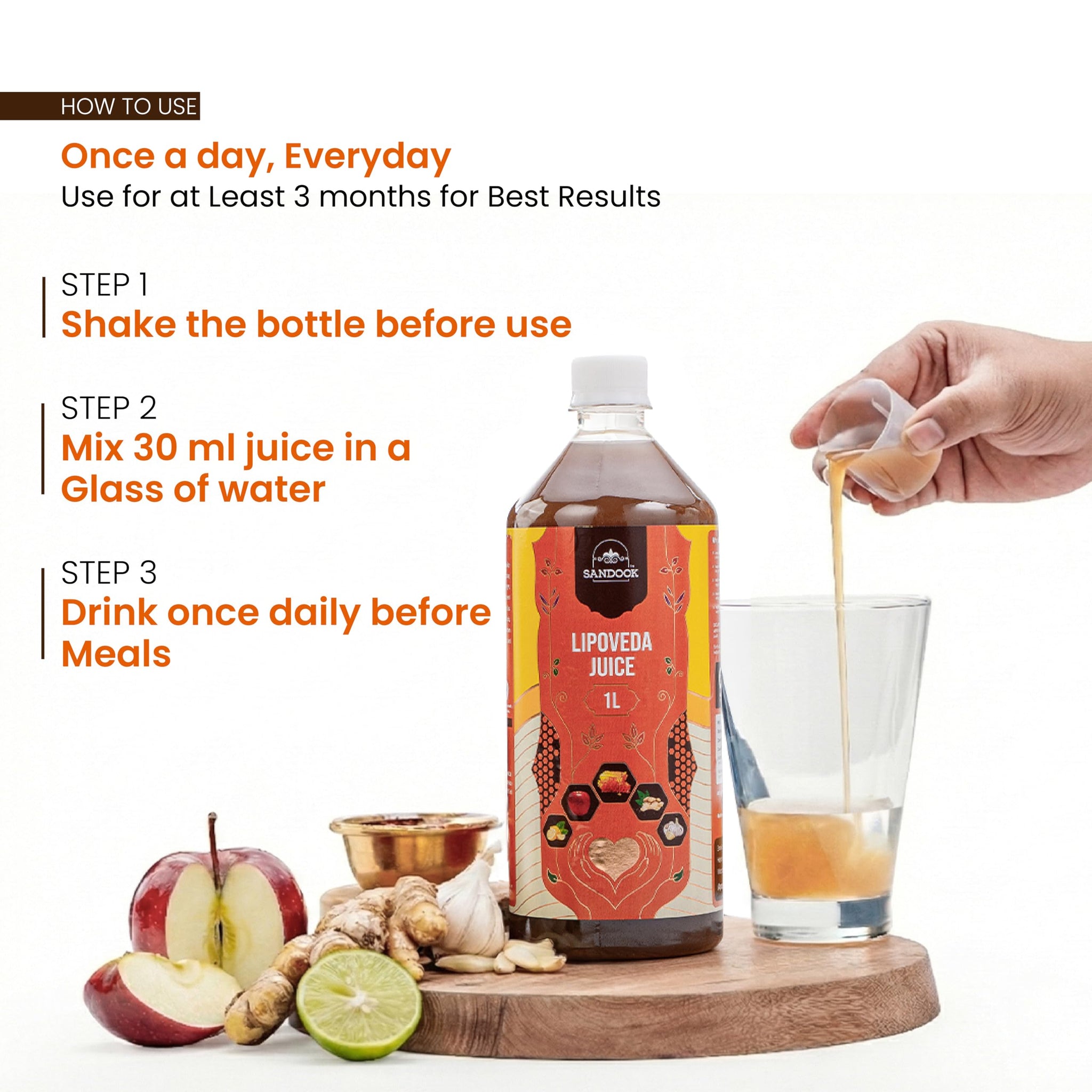 SANDOOK Lipoveda Juice, 1L Herbal Supplement with Apple Cider Vinegar, Lemon, Honey, Ginger and Garlic - label detail
