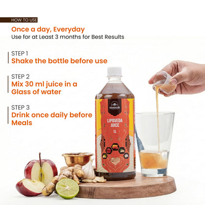 SANDOOK Lipoveda Juice, 1L Herbal Supplement with Apple Cider Vinegar, Lemon, Honey, Ginger and Garlic - label detail