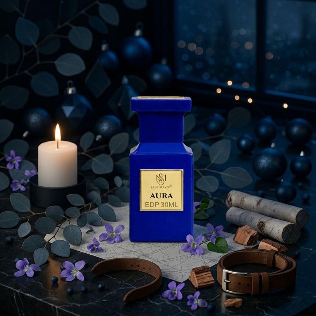 SANSI MAYO Aura Eau de Parfum for Men, 30ml, Fresh Woody Scent with Clean Refined Notes - packaging