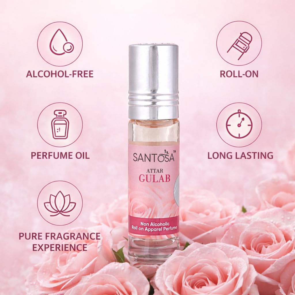 SANTOSA Gulab Attar Original, 6ml Roll-On, Oil-Based Rose Fragrance, Alcohol-Free, Unisex - front view