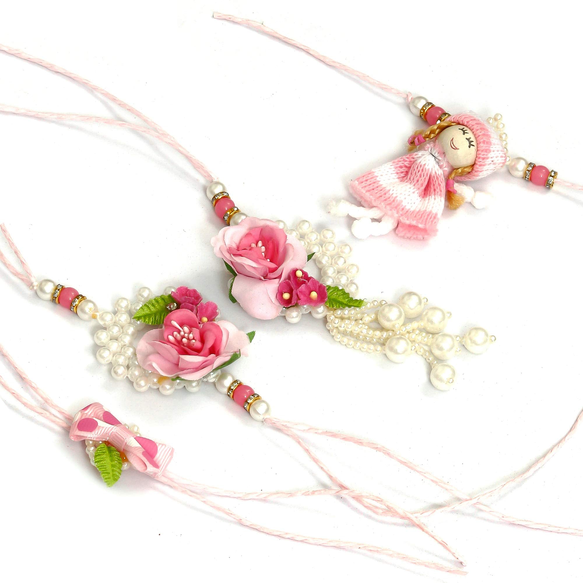 Sanvatsar Designer Bhaiya Bhabhi Rakhi Bracelet with Kids Rakhi Set, Baby Pink, Traditional Raksha Bandhan Combo