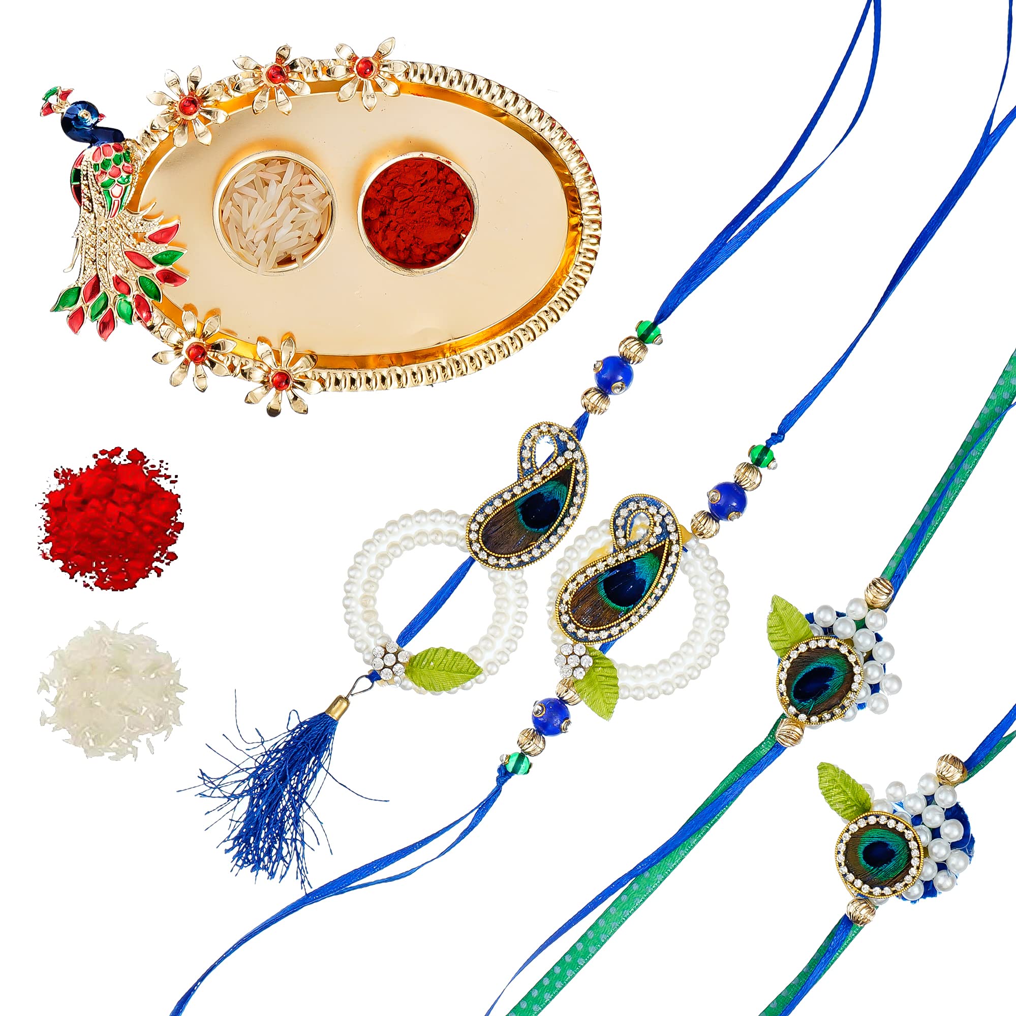 Sanvatsar Designer Rakhi Set of 4 – Bhaiya, Bhabhi, Kids & Lumba Rakhi with Roli Chawal and Decorative Thali (Multicolor)