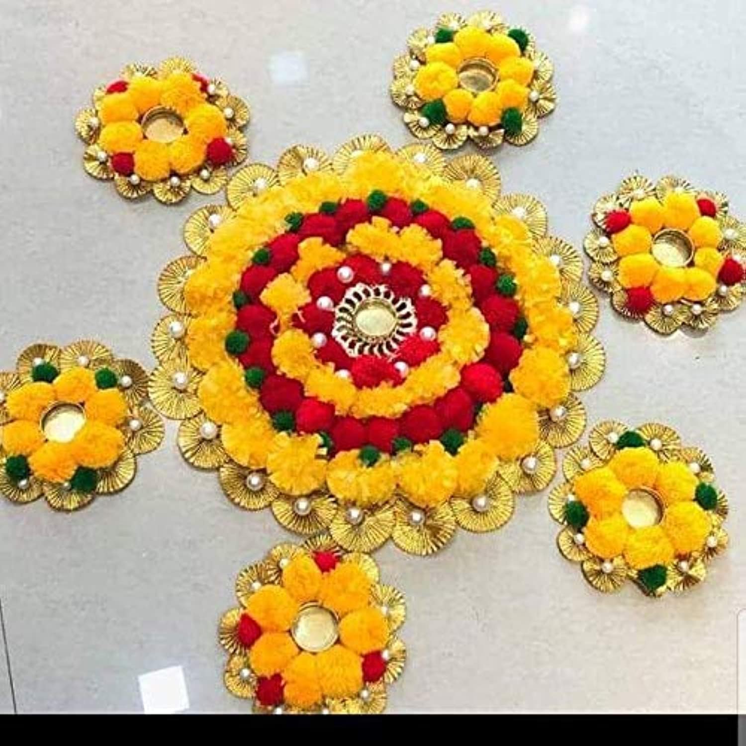Sanvatsar Home Decorative Rangoli Set of 7 - Modern Diya and Candle Holders with Beads and Cotton Laces
