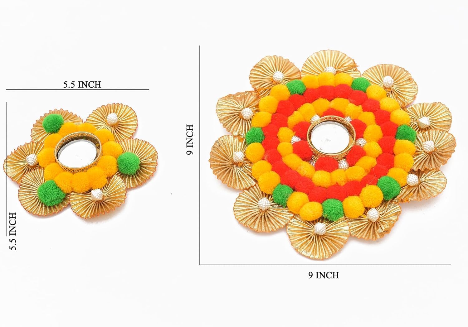 Sanvatsar Home Decorative Rangoli Set of 7 - Modern Diya and Candle Holders with Beads and Cotton Laces - back view