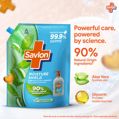 Savlon Moisture Shield Liquid Handwash Refill, 1.3L, 90% Natural Origin, Dermatologically Tested, for All Skin Types - packag