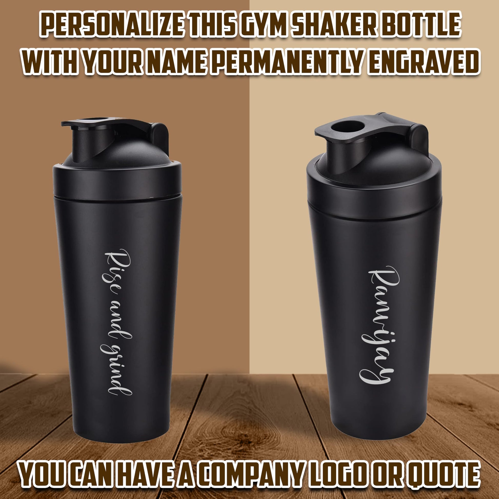 SAVRI Custom Engraved Stainless Steel Gym Shaker Bottle, 700ml, Leakproof - back view