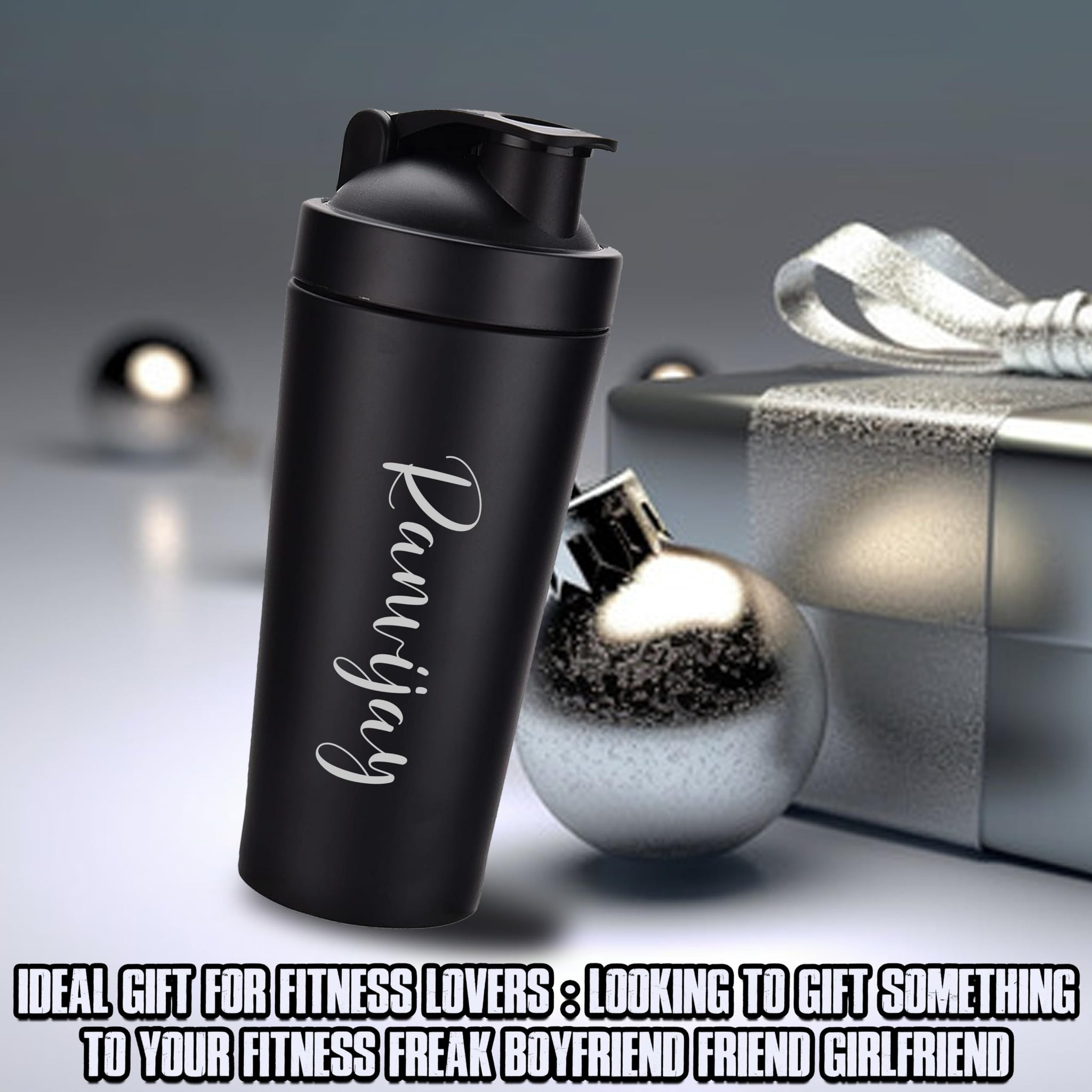 SAVRI Custom Engraved Stainless Steel Gym Shaker Bottle, 700ml, Leakproof - label detail
