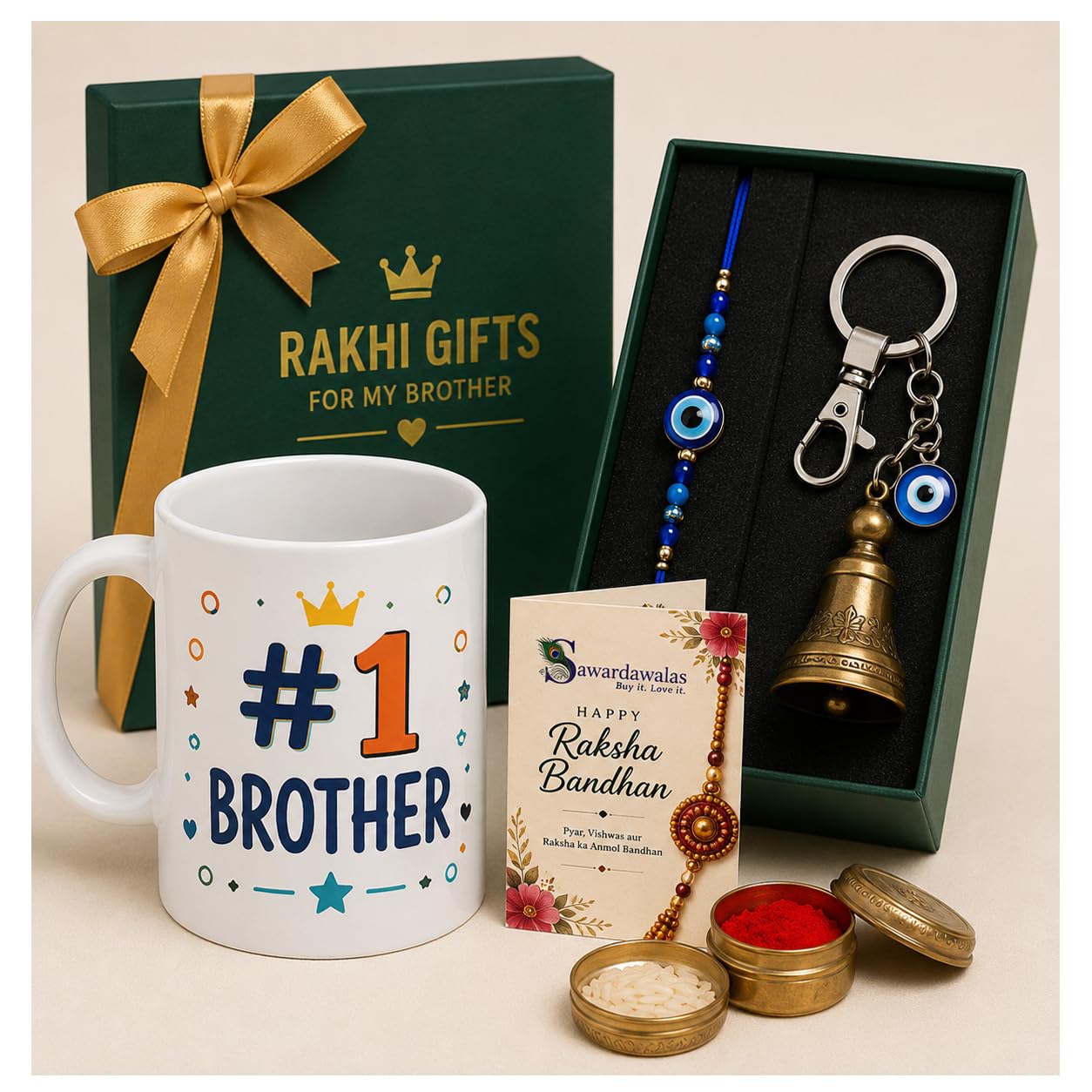 Sawardawalas #1 Brother Rakhi Gift Hamper | Ceramic Coffee Mug, Evil Eye Rakhi, Guardian Bell Keychain, Roli Chawal & Raksha