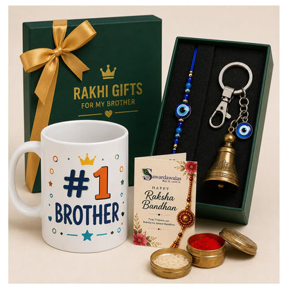 Sawardawalas #1 Brother Rakhi Gift Hamper | Ceramic Coffee Mug, Evil Eye Rakhi, Guardian Bell Keychain, Roli Chawal & Raksha