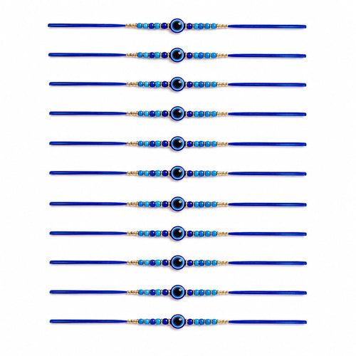 Sawardawalas 12 Designer Blue Beaded Rakhi Set for Brother | Handmade Raksha Bandhan Rakhi Combo | Includes Greeting Card & R
