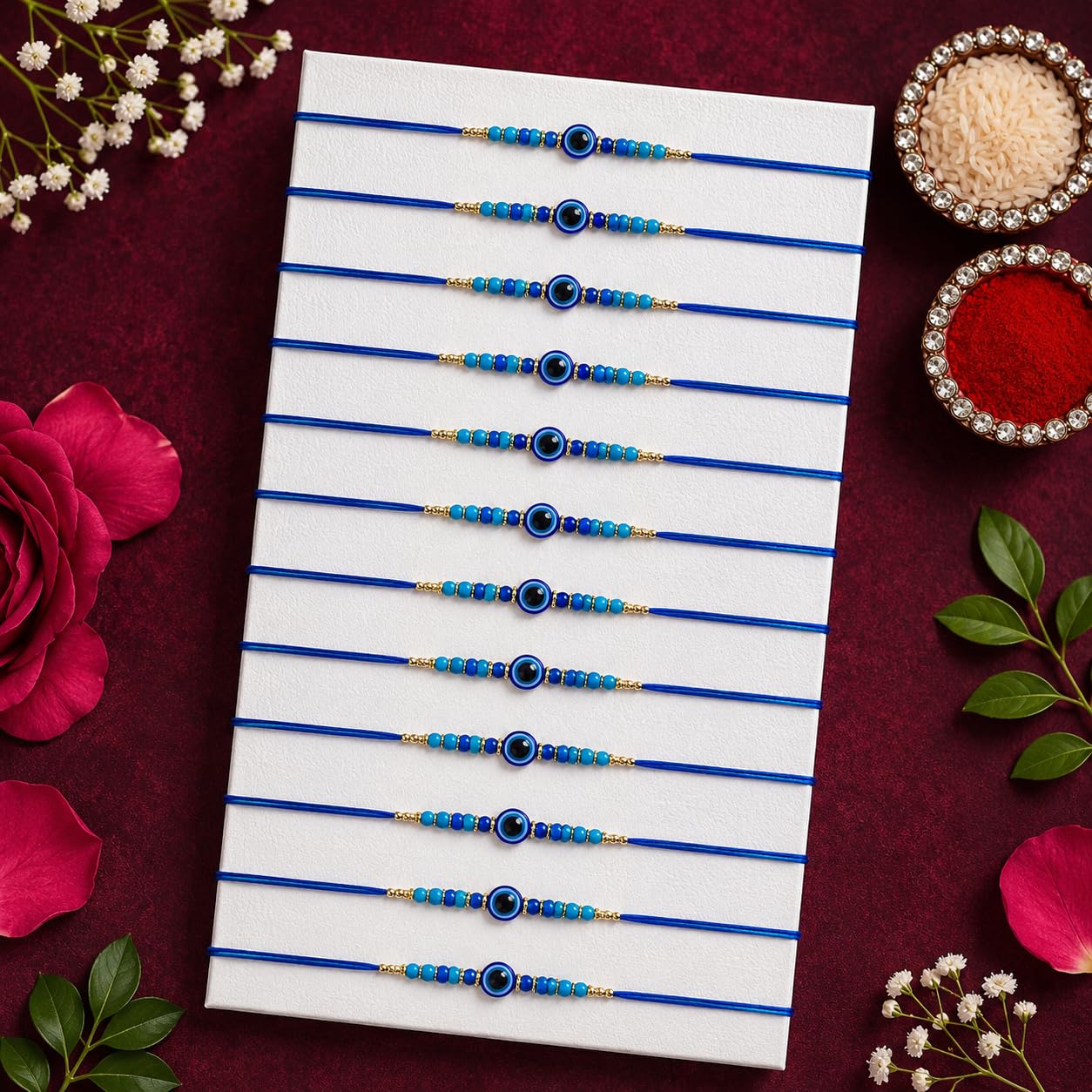Sawardawalas 12 Designer Blue Beaded Rakhi Set for Brother | Handmade Raksha Bandhan Rakhi Combo | Includes Greeting Card & R