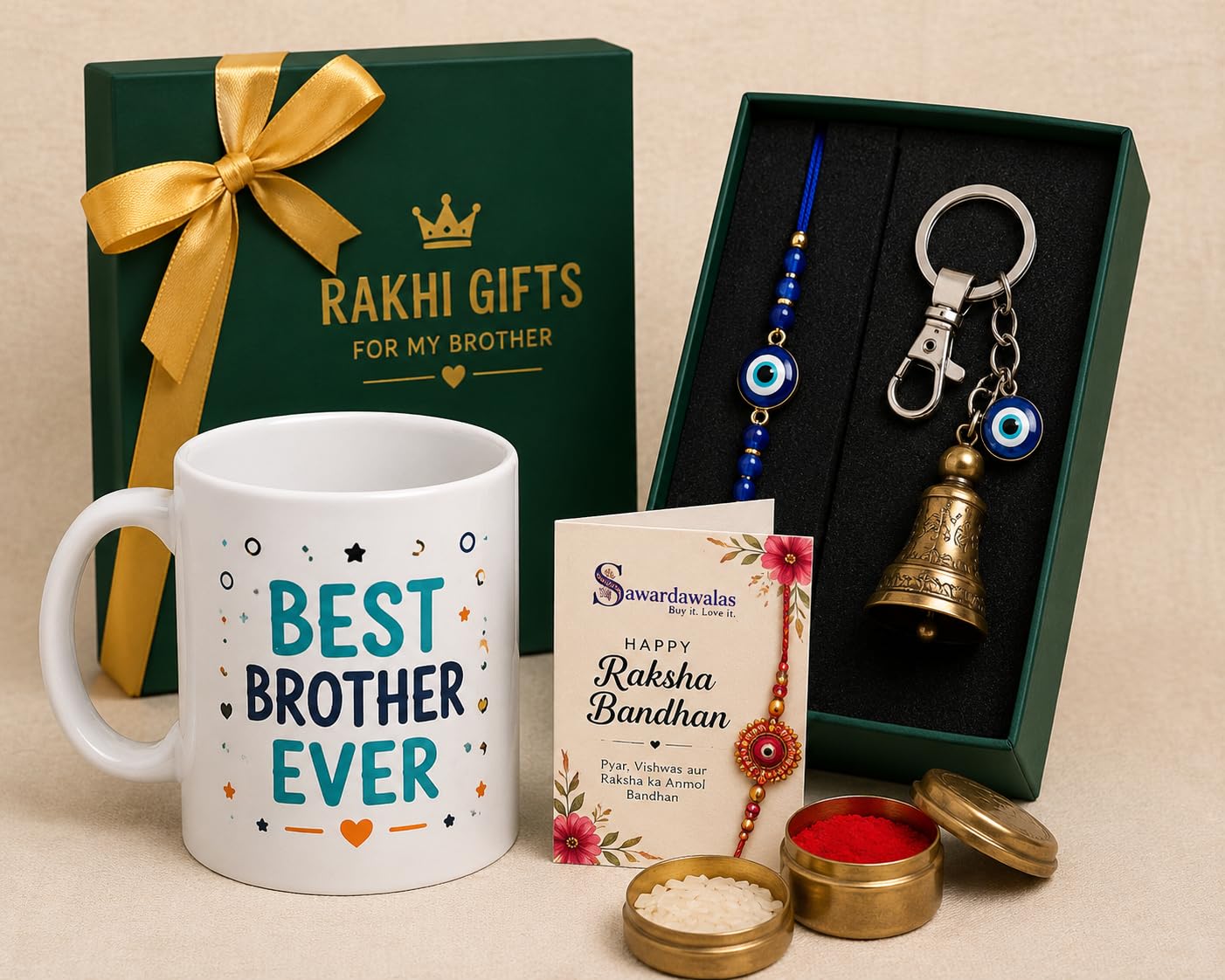 Sawardawalas Brother Ever Rakhi Gift Hamper | Ceramic Coffee Mug, Evil Eye Rakhi, Guardian Bell Keychain, Roli Chawal & Raksh