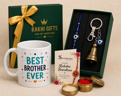 Sawardawalas Brother Ever Rakhi Gift Hamper | Ceramic Coffee Mug, Evil Eye Rakhi, Guardian Bell Keychain, Roli Chawal & Raksh