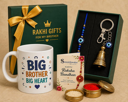 SawardawalasBig Brother Big Heart Rakhi Gift Hamper | Ceramic Coffee Mug, Evil Eye Rakhi, Guardian Bell Keychain, Roli Chawal