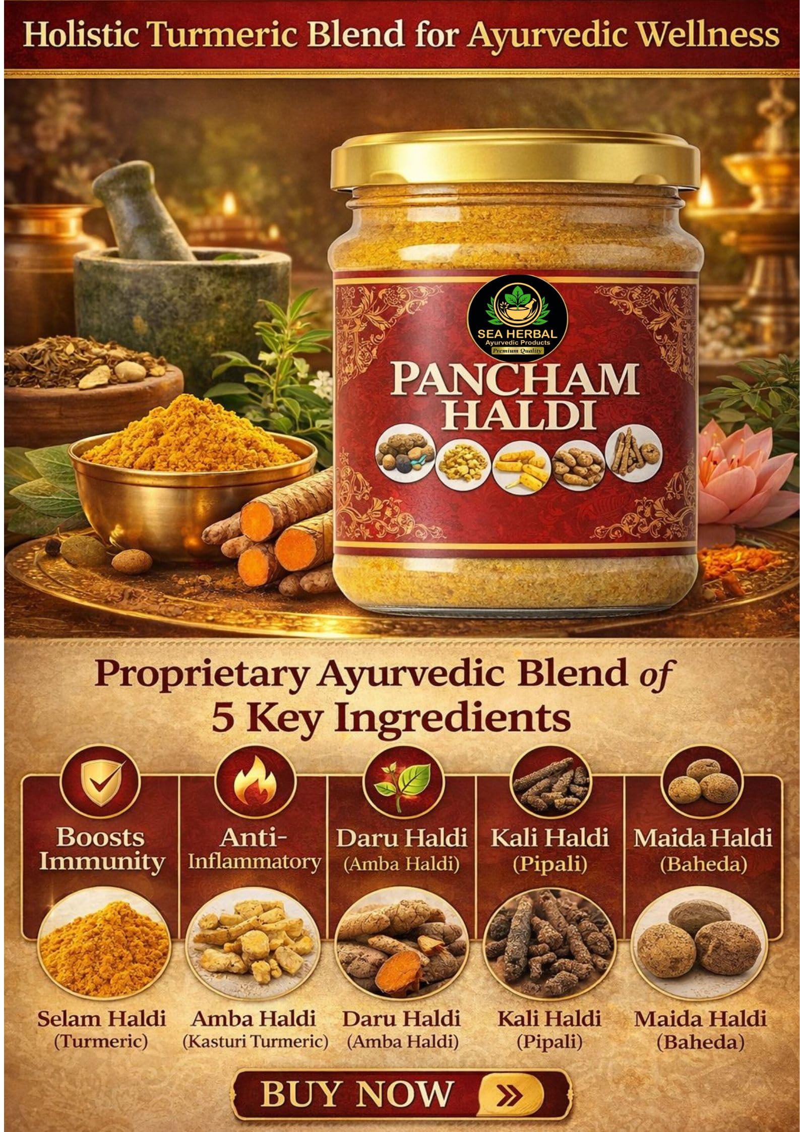 SEA HERBAL Pancham Haldi 100g, Ayurvedic Blend of 5 Turmeric Varieties for Traditional Use - front view