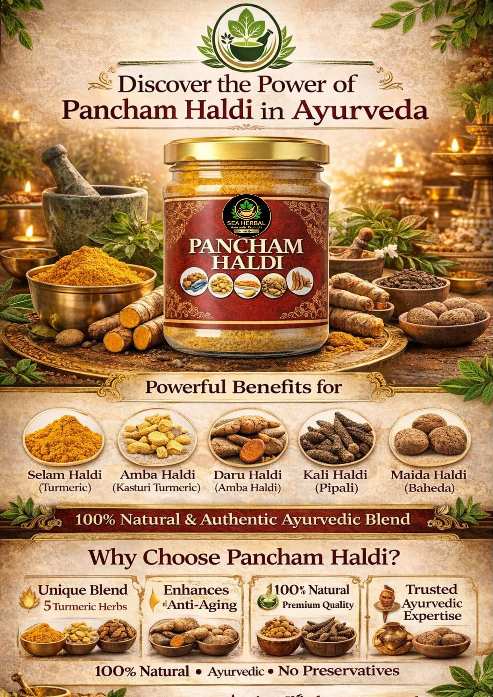 SEA HERBAL Pancham Haldi 100g, Ayurvedic Blend of 5 Turmeric Varieties for Traditional Use - back view