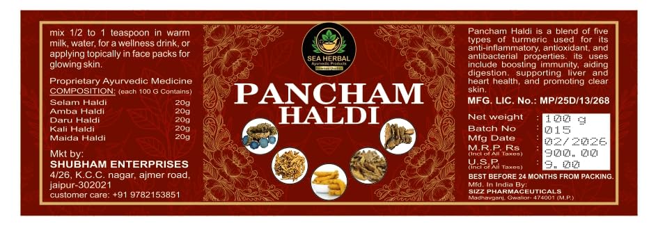 SEA HERBAL Pancham Haldi 100g, Ayurvedic Blend of 5 Turmeric Varieties for Traditional Use - label detail
