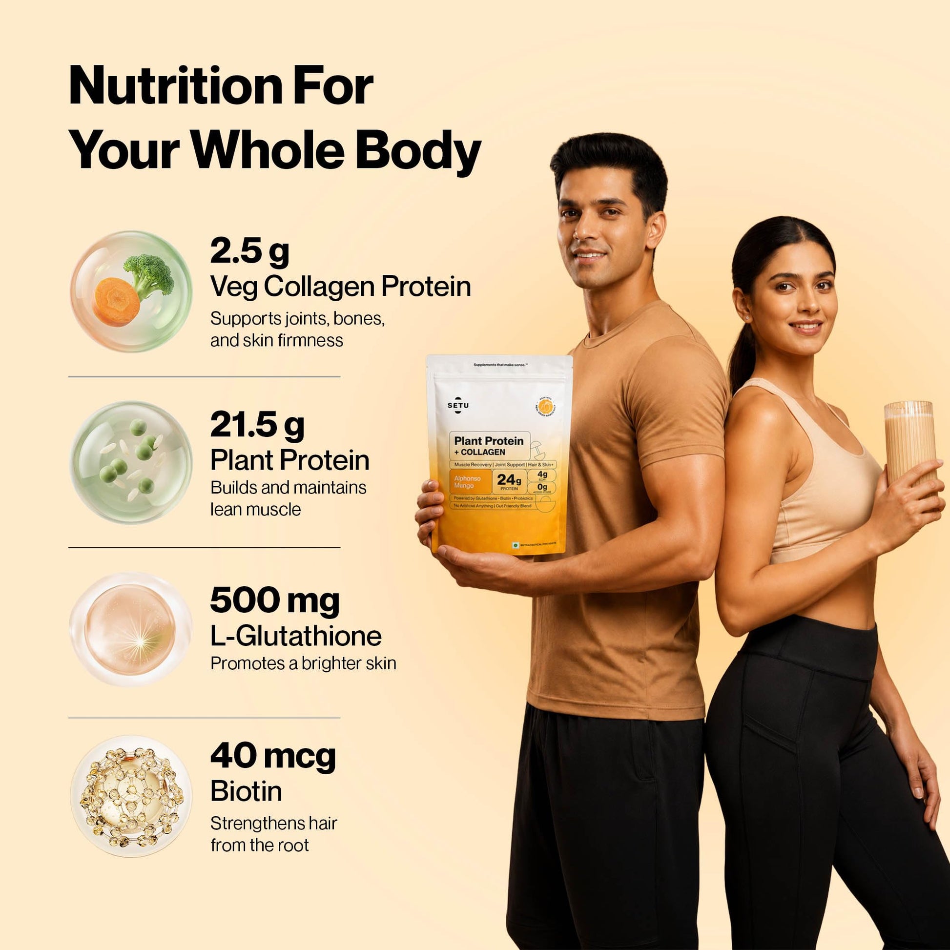SETU Plant Protein with Veg Collagen Powder 1 kg Pea Rice Isolate Vegan Non-GMO FSSAI - front view