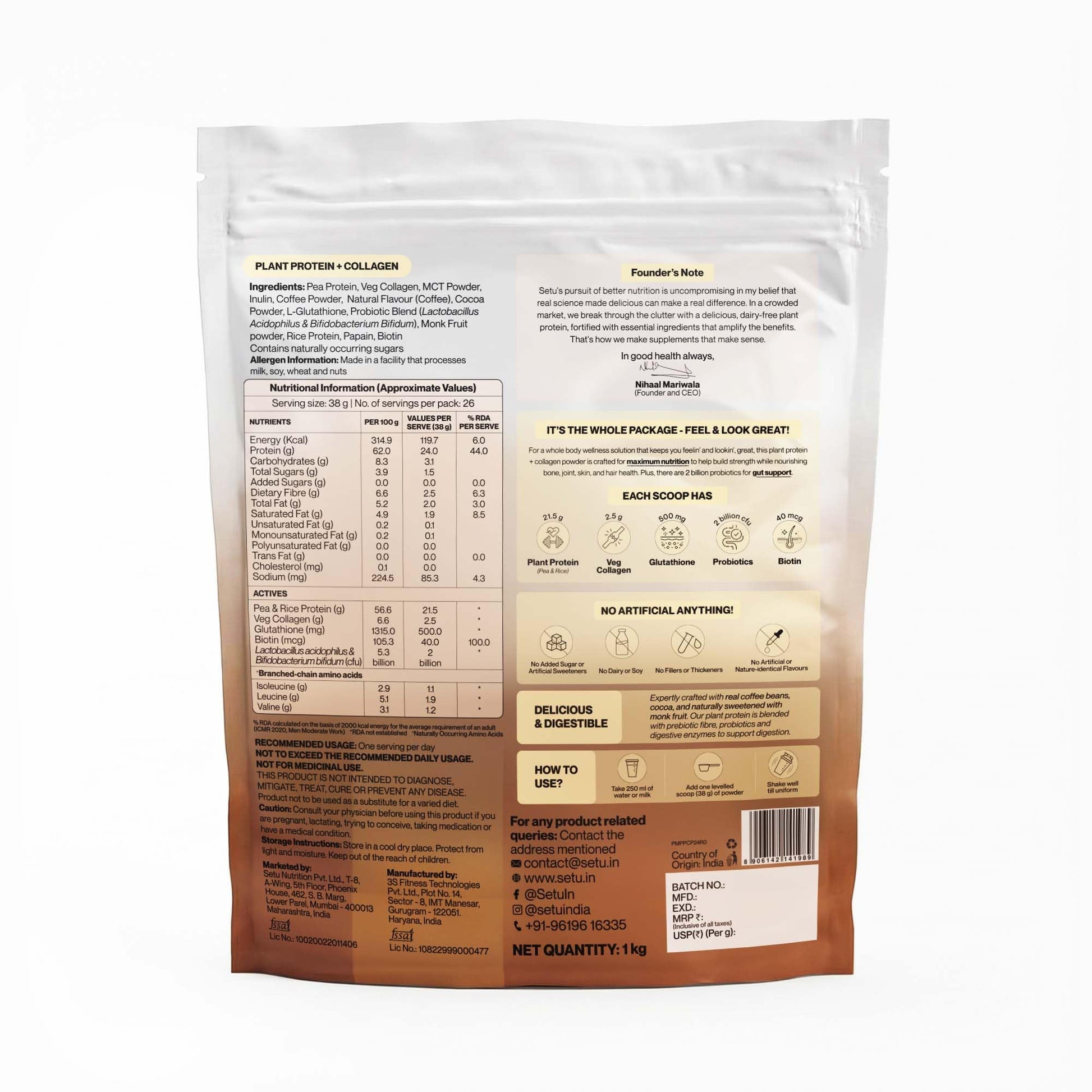 SETU Plant Protein with Veg Collagen Powder 1 kg Pea Rice Isolate Vegan Non-GMO FSSAI - size and scale (27)