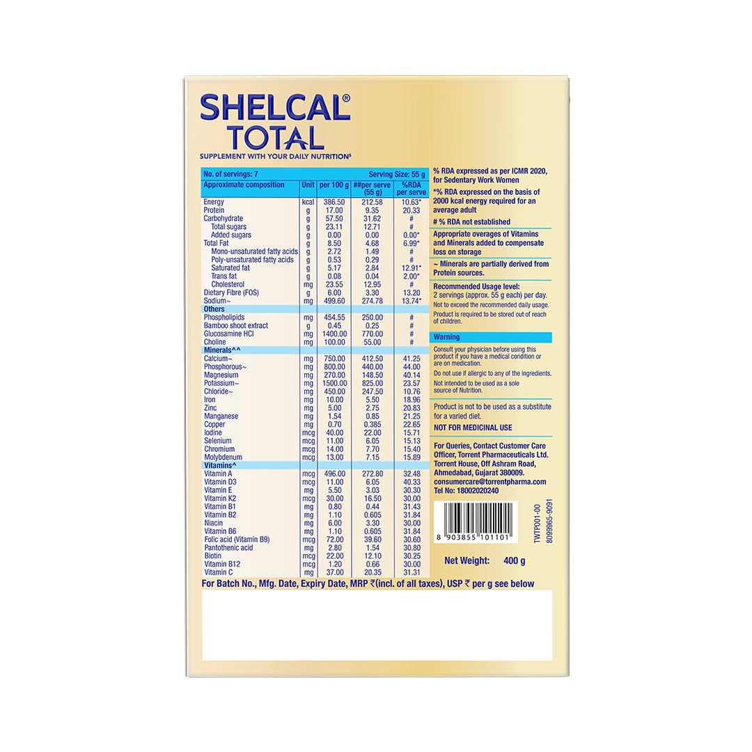 Shelcal Total Nutritional Supplement Powder, 400g, Protein & Multivitamin Blend - front view (11)