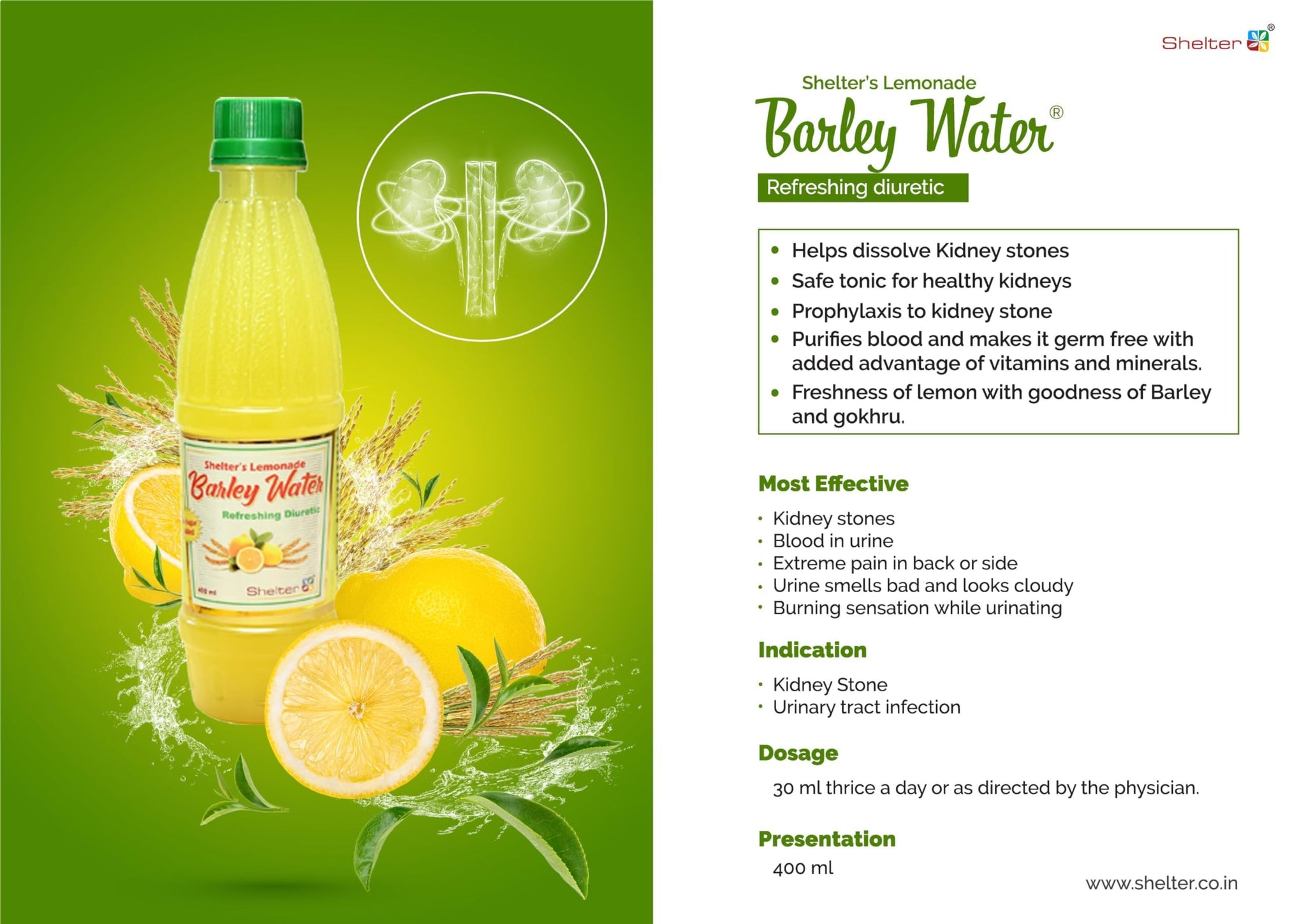 SHELTER Lemonade Barley Water Ayurvedic Drink, No Added Sugar, Ready-to-Drink Herbal Beverage - label detail