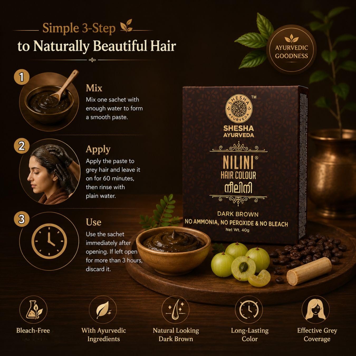 SHESHA NATURALS Nilini Ayurvedic Hair Colour Kit, 40g, Ammonia-Free, Peroxide-Free, Henna-Based - close-up detail (16)