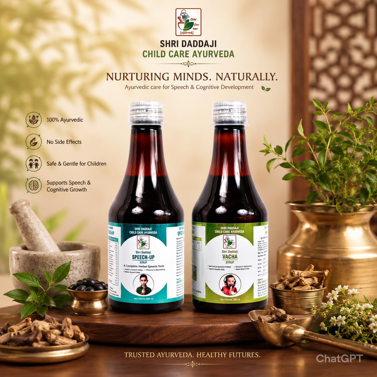 Shri Daddaji Child Care Ayurveda Speech-Up Syrup and Vacha Syrup Combo, 200ml Each, Herbal Supplement for Children, Pack of 2