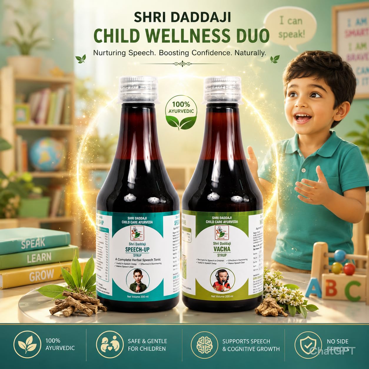 Shri Daddaji Child Care Ayurveda Speech-Up Syrup and Vacha Syrup Combo, 200ml Each, Herbal Supplement for Children, Pack of 2