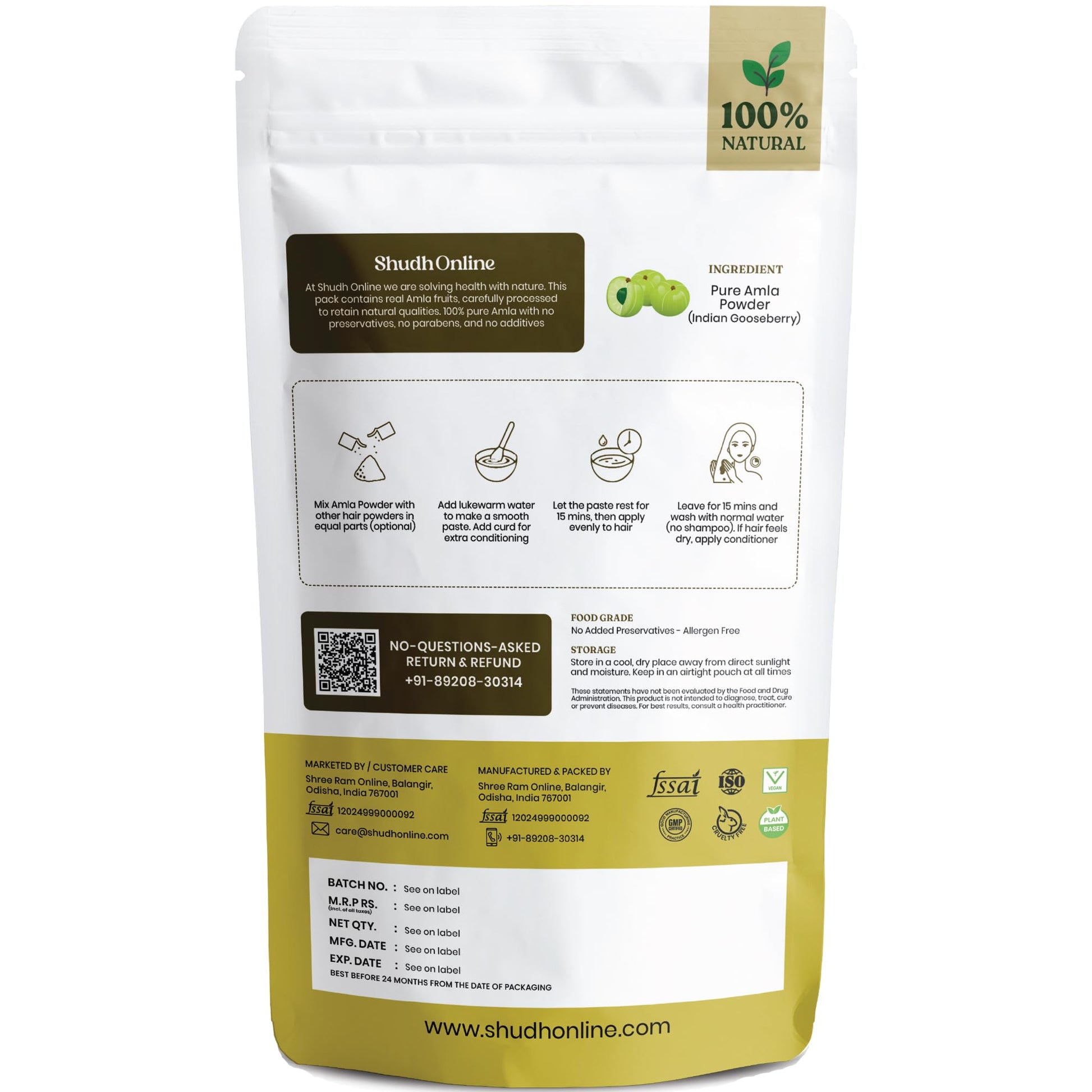 Shudh Online Organic Amla Powder, Seedless Gooseberry Fruit Churna, Edible and for Hair Care - in use
