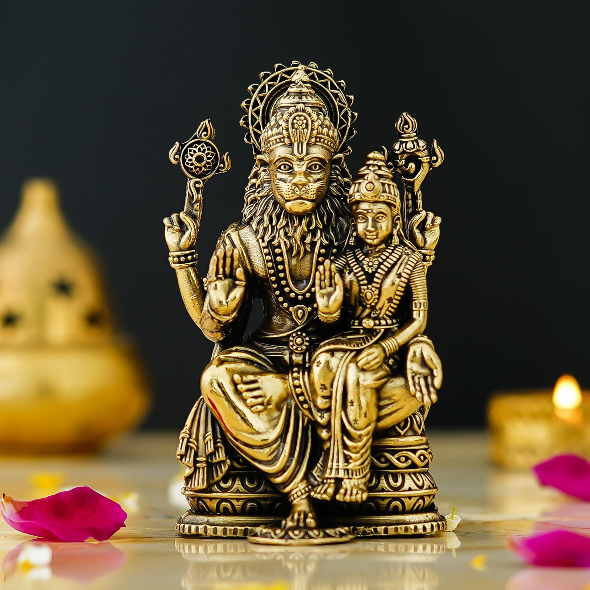 Shyam Antique Creation Brass Lord Narasimha with Maa Lakshmi Figurine, 1.5 Inch, Antique Gold Finish, Collectible Idol for Ho