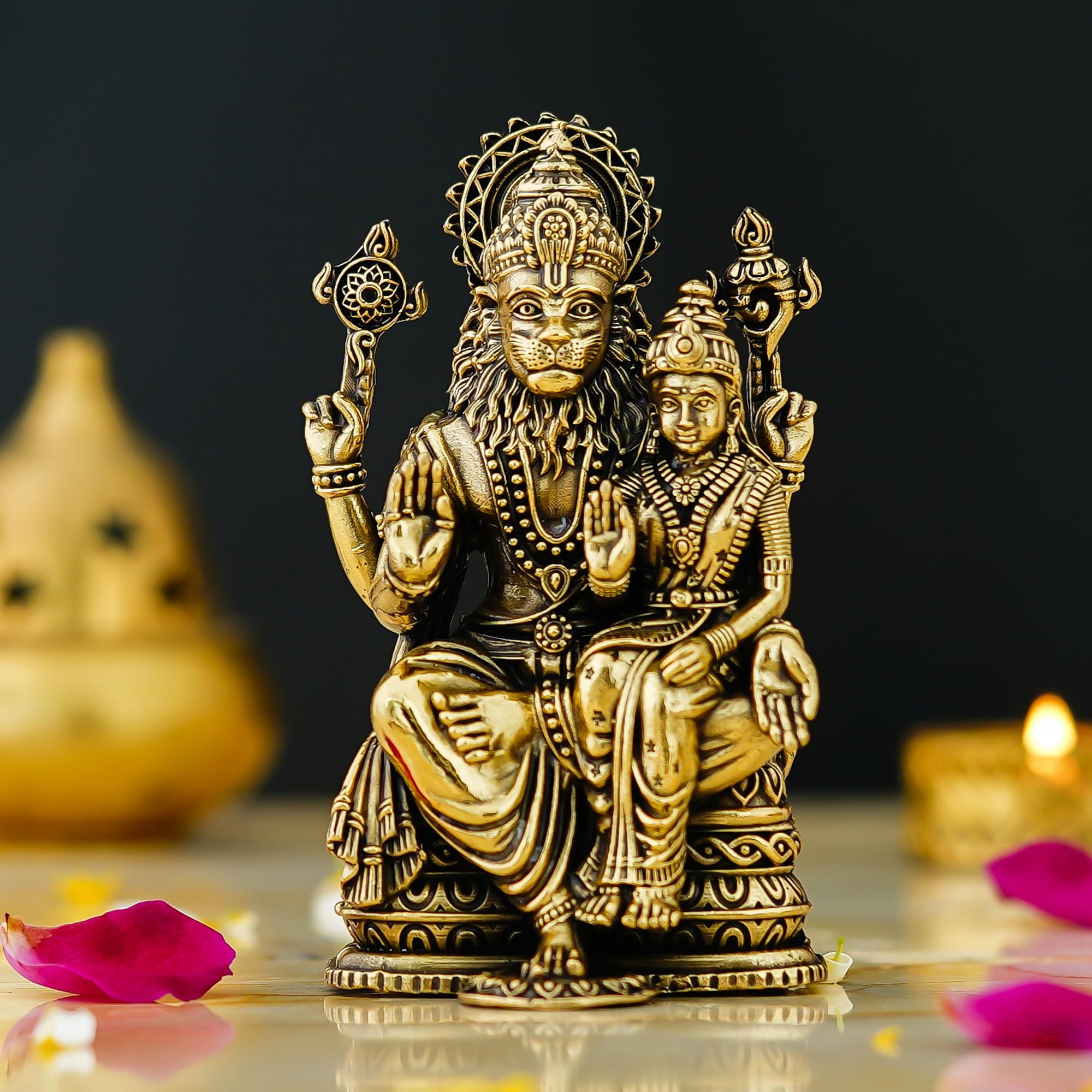 Shyam Antique Creation Brass Lord Narasimha with Maa Lakshmi Figurine, 1.5 Inch, Antique Gold Finish, Collectible Idol for Ho