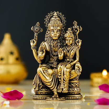 Shyam Antique Creation Brass Lord Narasimha with Maa Lakshmi Figurine, 1.5 Inch, Antique Gold Finish, Collectible Idol for Ho