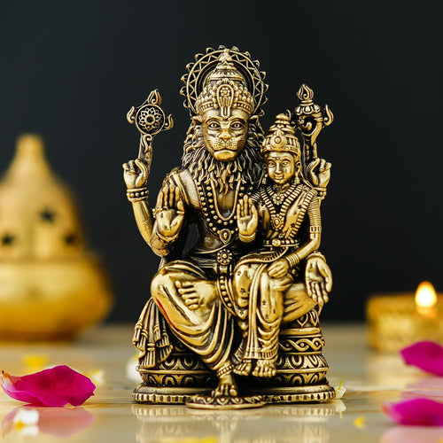 Shyam Antique Creation Brass Lord Narasimha with Maa Lakshmi Figurine, 1.5 Inch, Antique Gold Finish, Collectible Idol for Ho