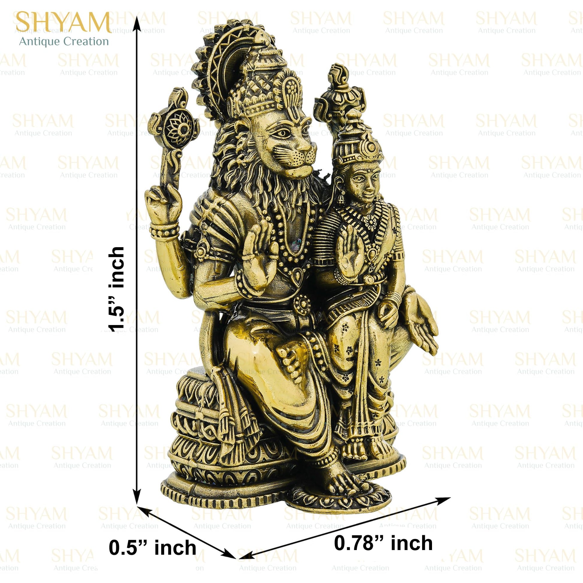Shyam Antique Creation Brass Lord Narasimha with Maa Lakshmi Figurine, 1.5 Inch, Antique Gold Finish, Collectible Idol for Ho