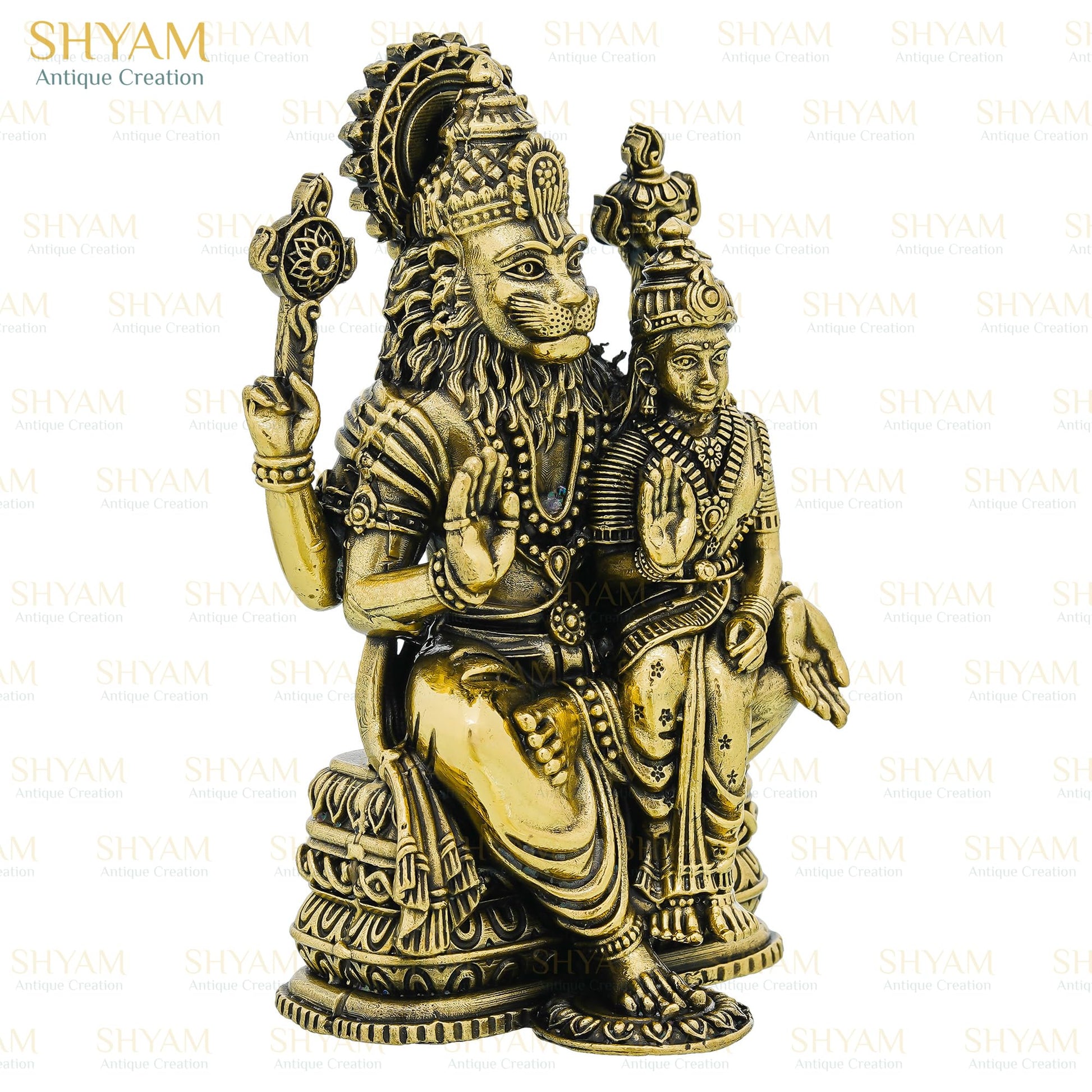 Shyam Antique Creation Brass Lord Narasimha with Maa Lakshmi Figurine, 1.5 Inch, Antique Gold Finish, Collectible Idol for Ho