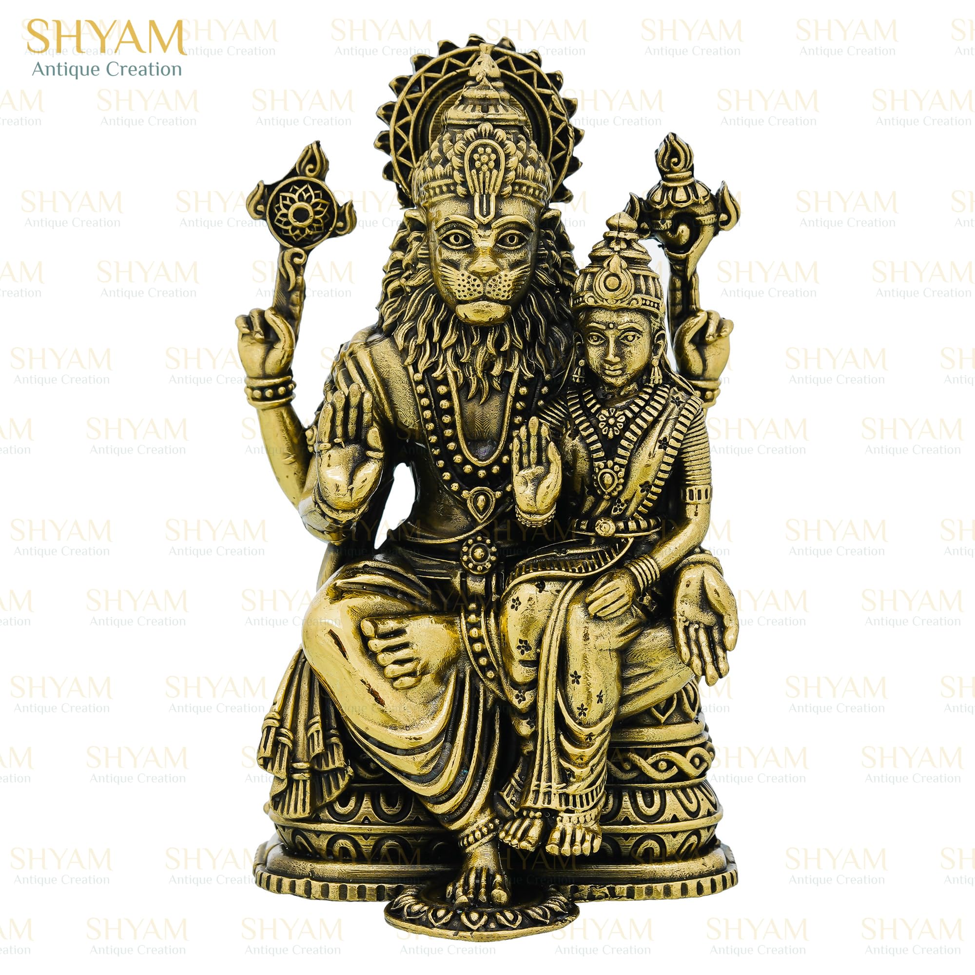 Shyam Antique Creation Brass Lord Narasimha with Maa Lakshmi Figurine, 1.5 Inch, Antique Gold Finish, Collectible Idol for Ho