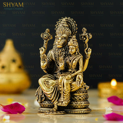 Shyam Antique Creation Brass Lord Narasimha with Maa Lakshmi Figurine, 1.5 Inch, Antique Gold Finish, Collectible Idol for Ho